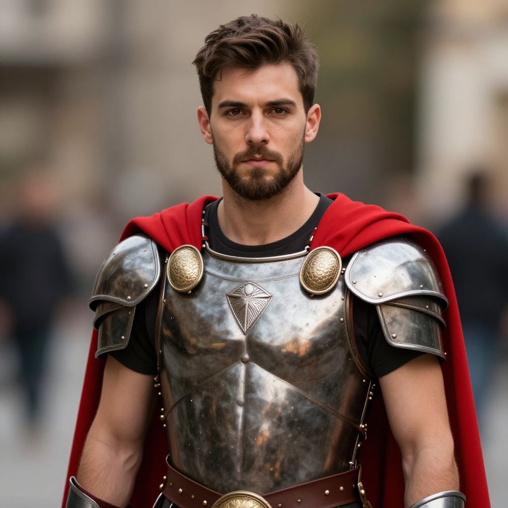 Young Man in Detailed Medieval Armor with Red Cape