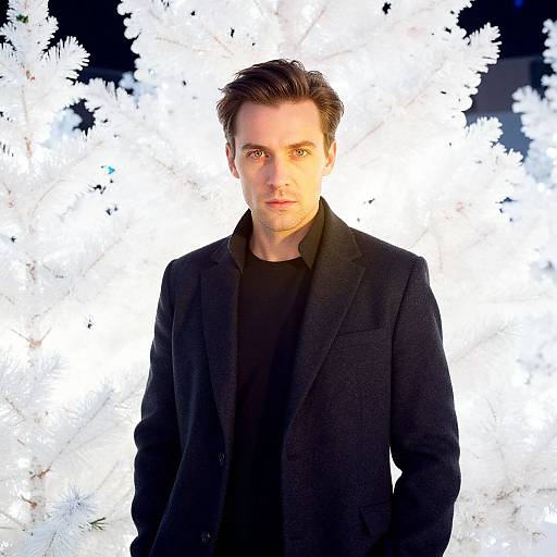 Stylish Man in Black Coat Posing Against White Frosted Pine Trees