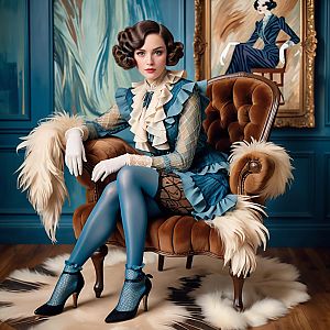 Elegant Vintage Style Woman in Blue Outfit Sitting on Velvet Armchair