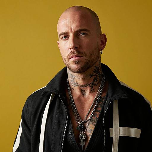 Portrait of Bald Man with Neck Tattoos and Silver Necklaces on Yellow Background