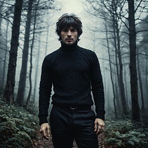 Young man in misty forest