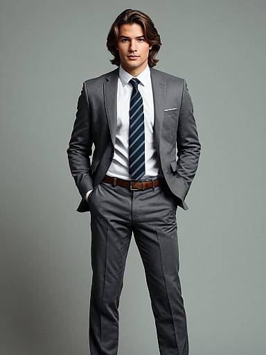 Young Man in Grey Blazer Outfit with Blue Striped Tie - Business Fashion
