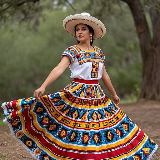 Mexican Woman in Traditional Colorful Folkloric Dress and Straw Hat