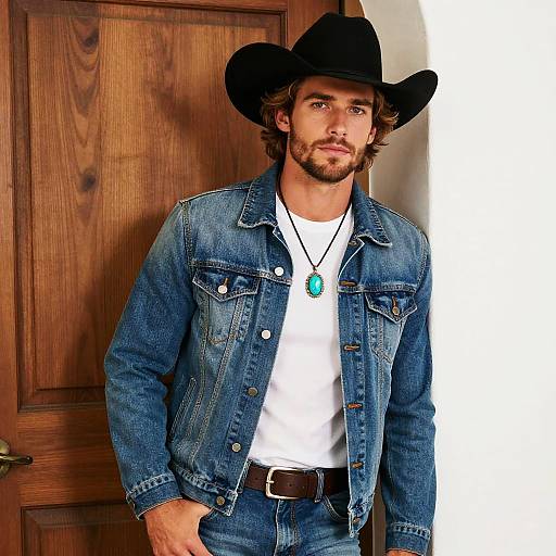 Modern Western Style Man in Denim Jacket and Cowboy Hat
