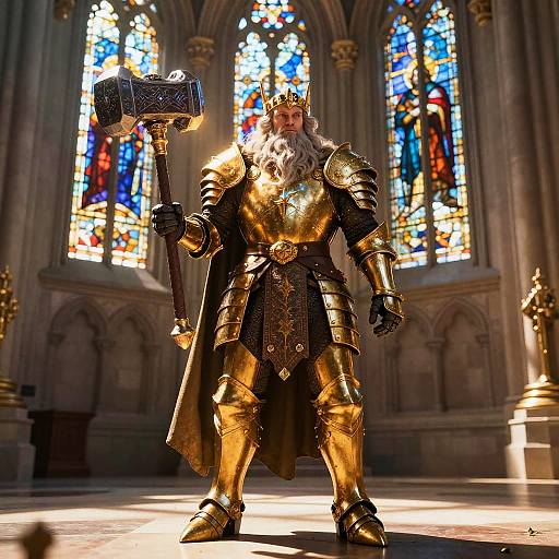Medieval King in Golden Armor Holding War Hammer in Cathedral