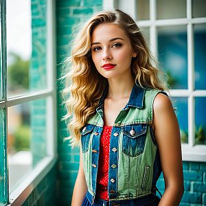 Young Woman in Denim Vest by Turquoise Wall