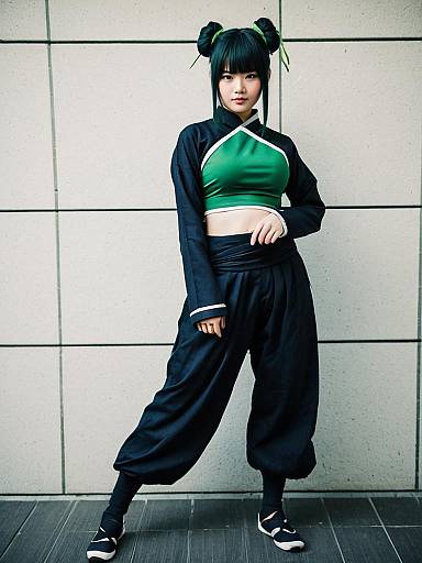 Young Woman in Modern Asian Fashion with Green and Black Outfit