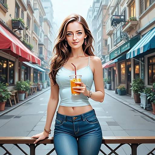 Stylish Young Woman Holding Orange Drink on Urban Street - Digital Art