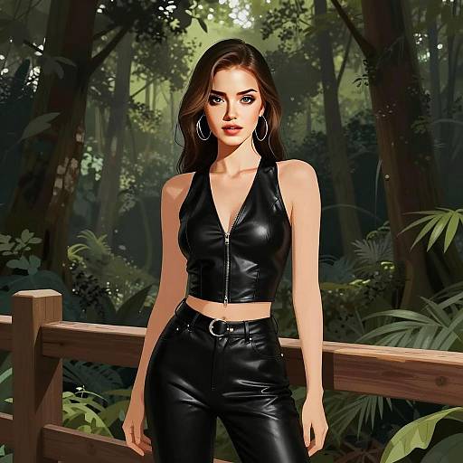 Stylish Woman in Black Leather Outfit Posing in Forest Digital Illustration