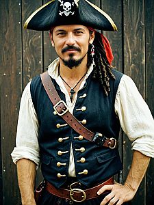 Man Wearing Sleeveless Pirate Costume with Skull Hat