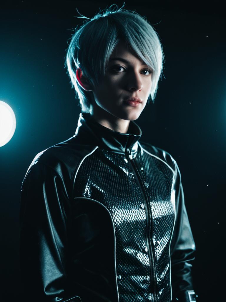 Man in Femboy Costume with Silver Hair in Cinematic Studio Portrait
