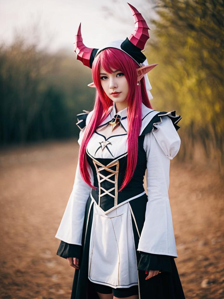Habetrot Fate Cosplay Woman with Red Horns and Elf Ears in Fantasy Costume