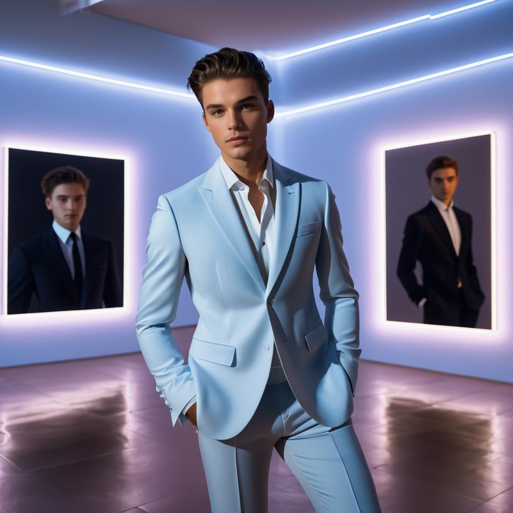 Stylish Young Man in Light Blue Suit at Modern Art Gallery