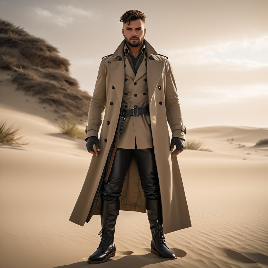 Confident Man in Stylish Trench Coat in Desert Landscape