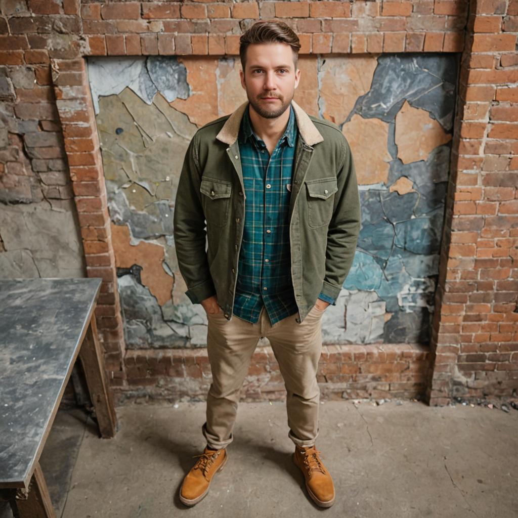 Confident Man in Stylish Fashion Against Brick Wall