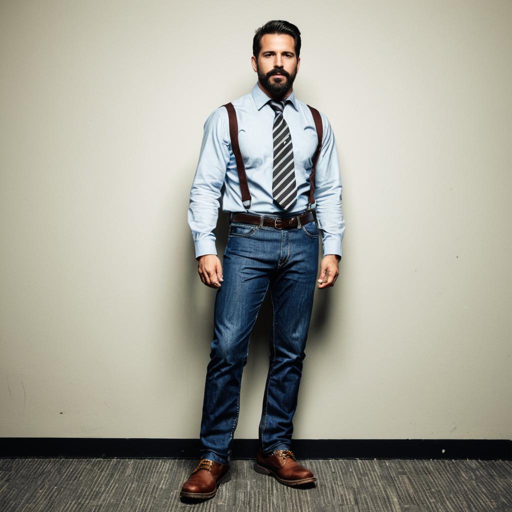 Confident Man in Light Blue Shirt and Suspenders