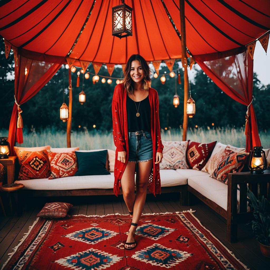 Smiling Woman Under Red Canopy with Lanterns