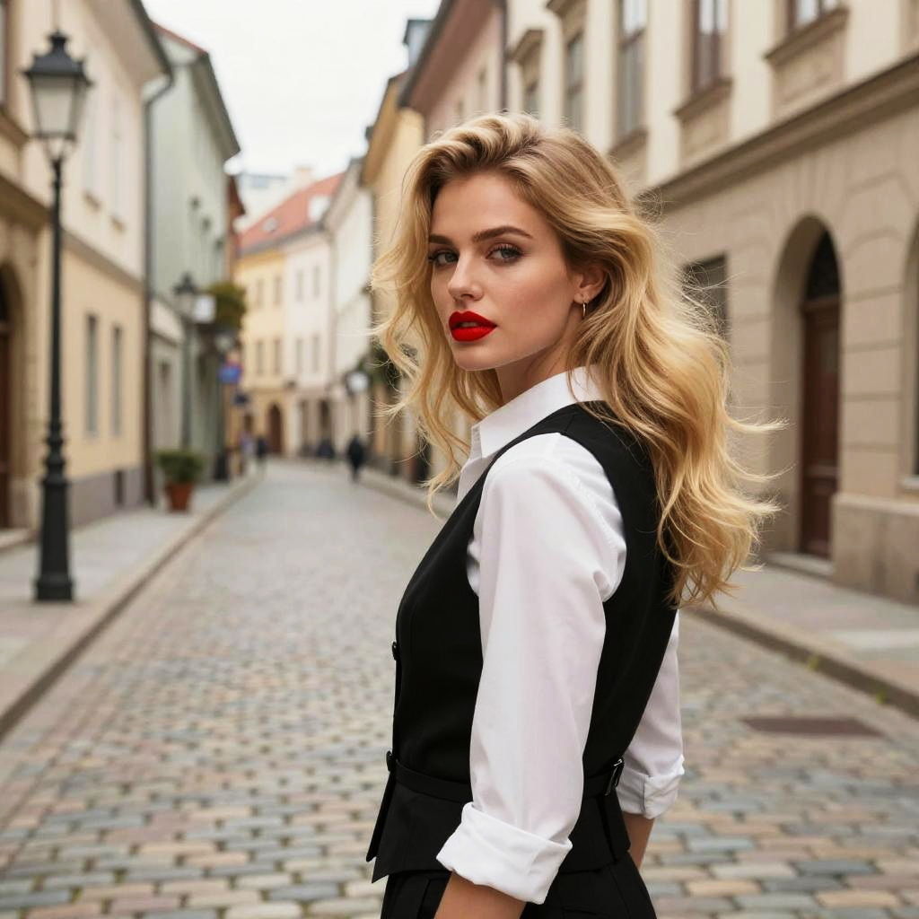 Stylish Young Woman on European Cobblestone Street