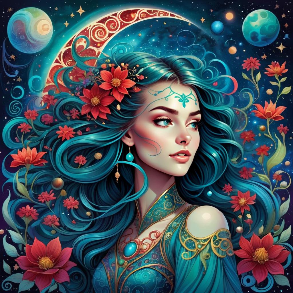 Fantasy Digital Portrait of Woman with Teal Hair and Red Flowers in Cosmic Setting