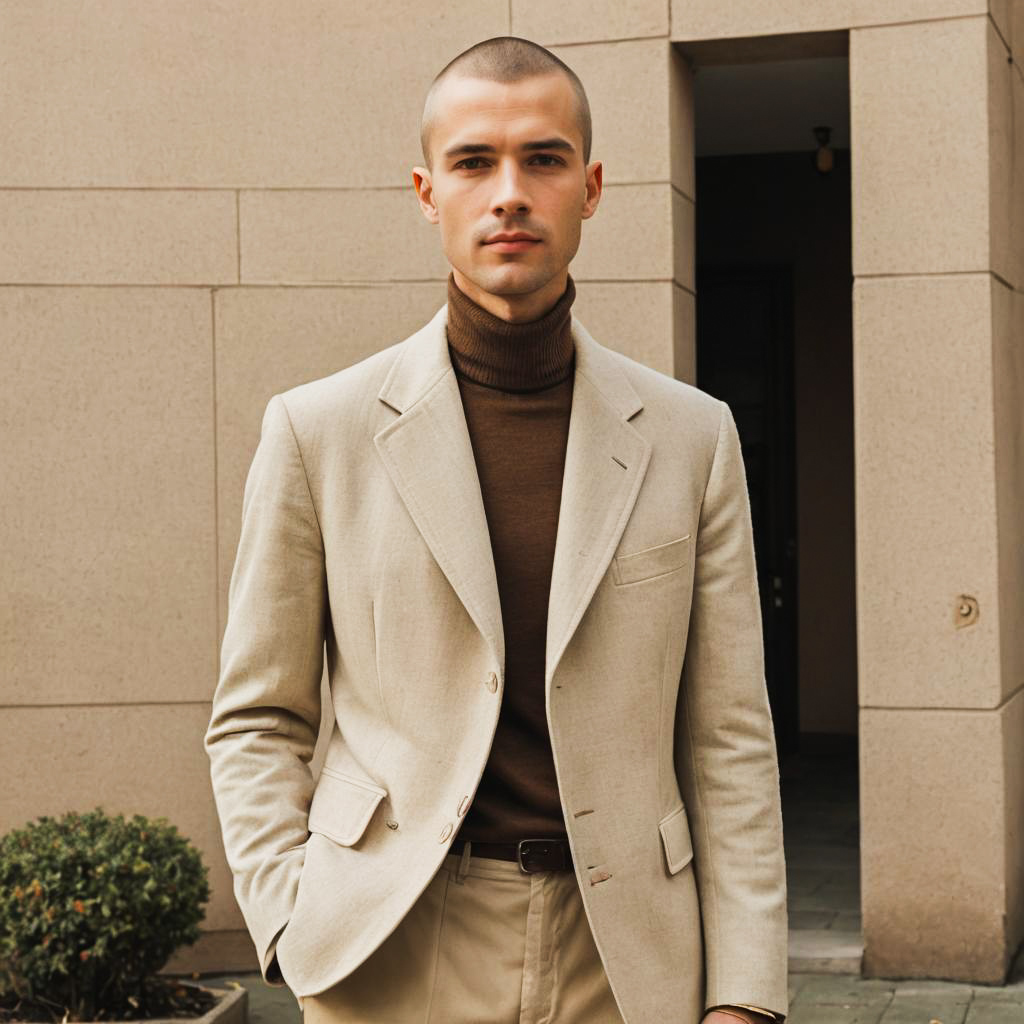 Stylish Man in Beige Suit with Brown Turtleneck