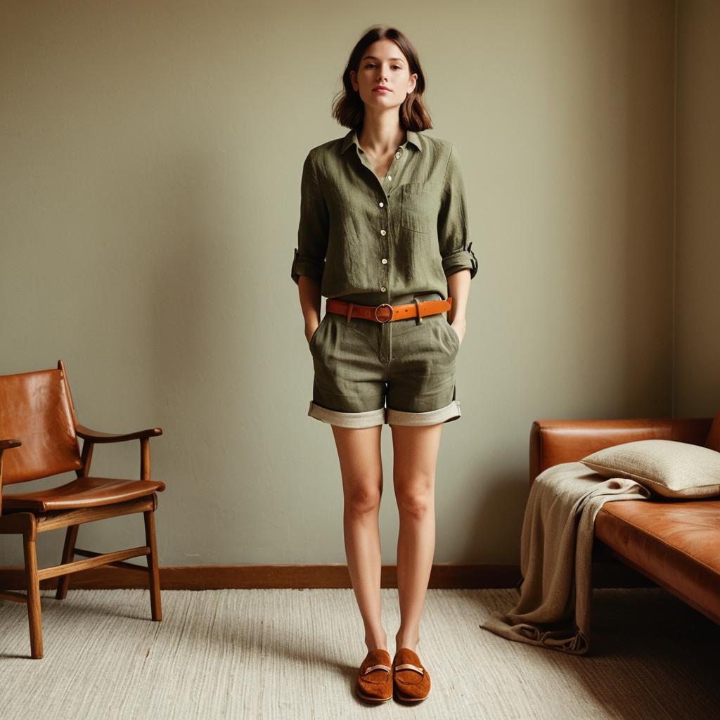 Young Woman in Olive Green Linen Outfit in Minimalist Room