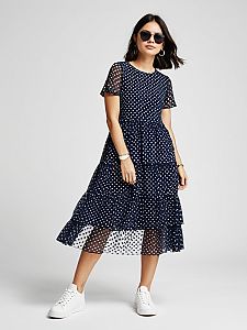 Contemporary Casual Navy Mesh Overlay Dress with Dotted Pattern