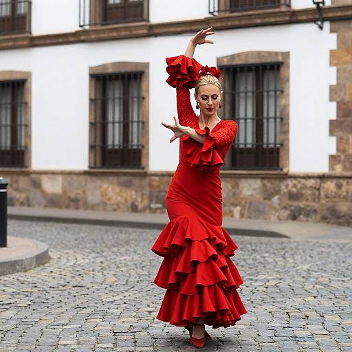 Woman Dancing Flamenco in Traditional Red Dress on Cobblestone Street