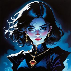 Portrait of Woman with Black Hair and Blue Eyes