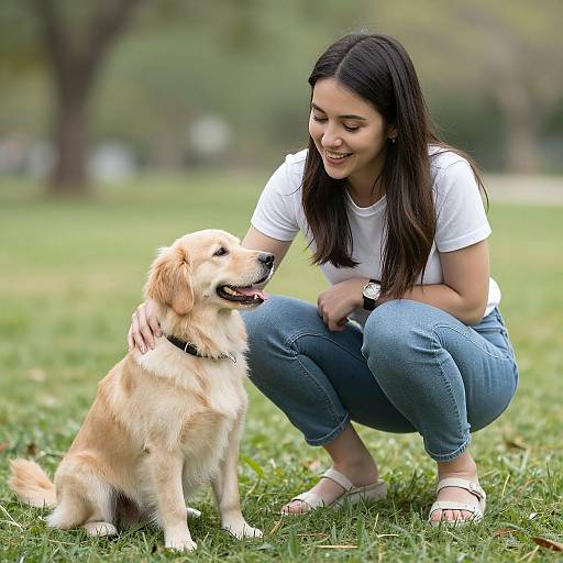 Young Woman Enjoying Time with Golden Retriever in Park