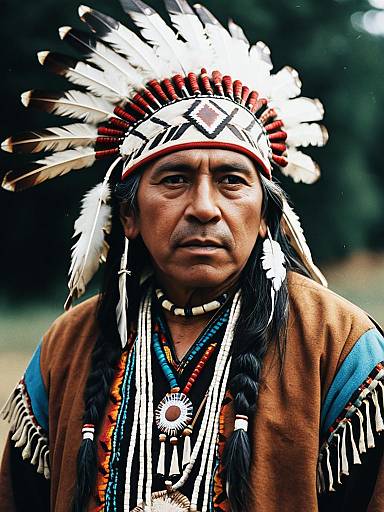Man in American Indian Native Headdress and Traditional Costume with Cinematic Realism