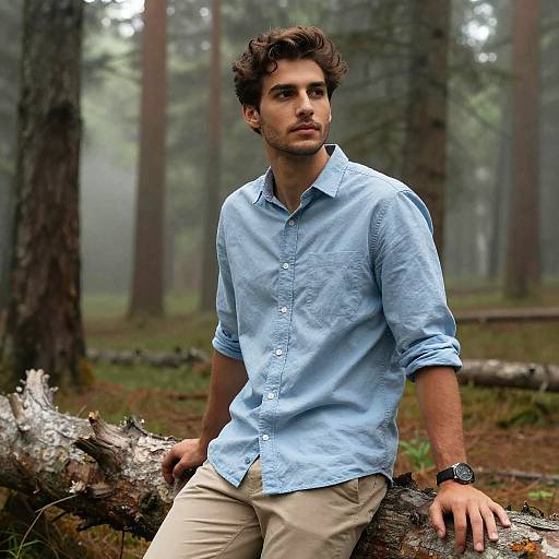 Young Man Sitting on Fallen Tree Trunk in Misty Forest Casual Style