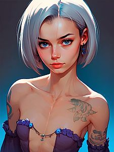 Stylized Portrait of Young Woman with White Hair and Blue Eyes