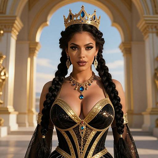 Regal Woman in Black and Gold Corset with Crown and Blue Gemstone Jewelry