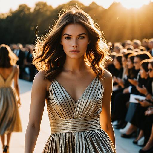 Young Woman in Shimmering Silver Dress on Fashion Runway During Sunset