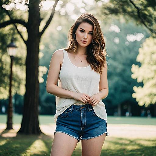 Young Woman in White Tank Top and Denim Shorts in Sunlit Park
