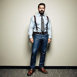 Confident Man in Light Blue Shirt and Suspenders