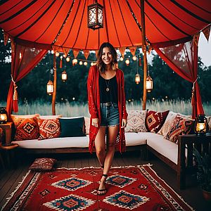 Smiling Woman Under Red Canopy with Lanterns