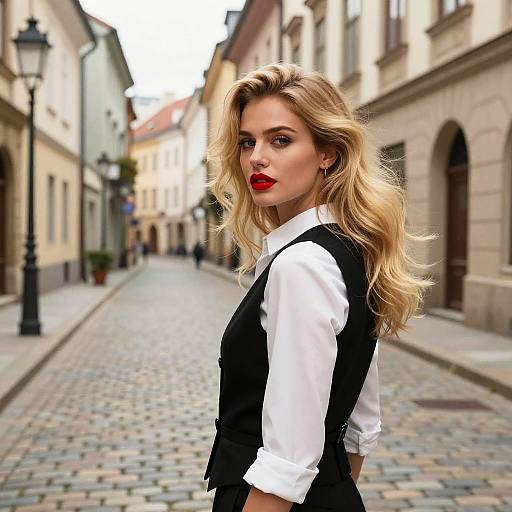 Stylish Young Woman on European Cobblestone Street