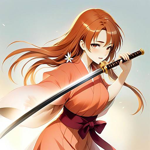 Anime Woman in Kimono Holding Katana Sword Artwork