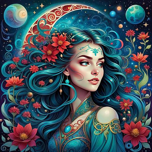 Fantasy Digital Portrait of Woman with Teal Hair and Red Flowers in Cosmic Setting