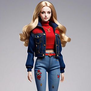 Fashion Doll in Denim Jacket and Red Top