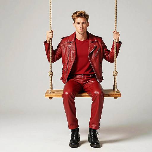 Man in Red Leather Jacket and Pants Sitting on Swing