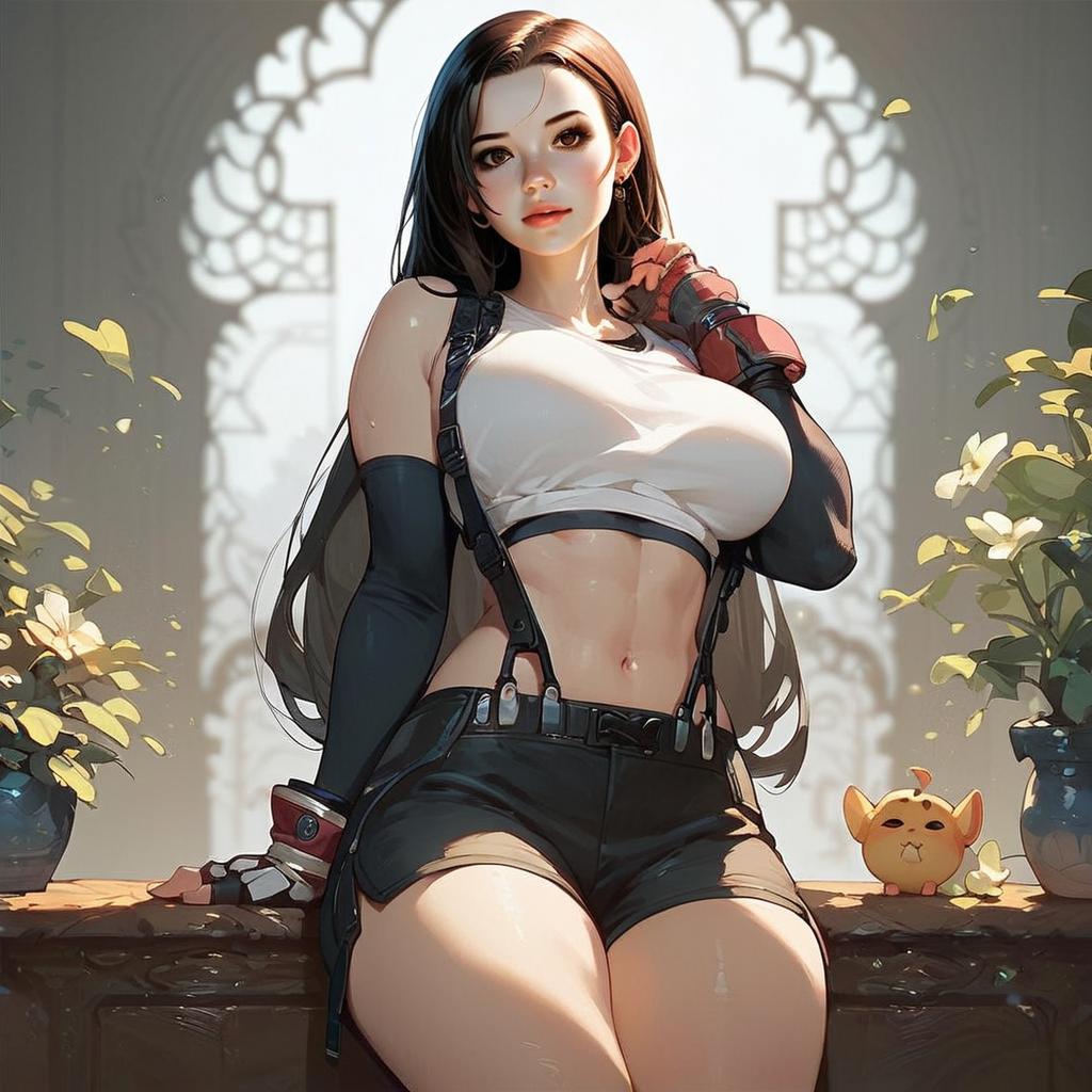 Anime Style Digital Art of Confident Woman in White Crop Top with Arched Window Background