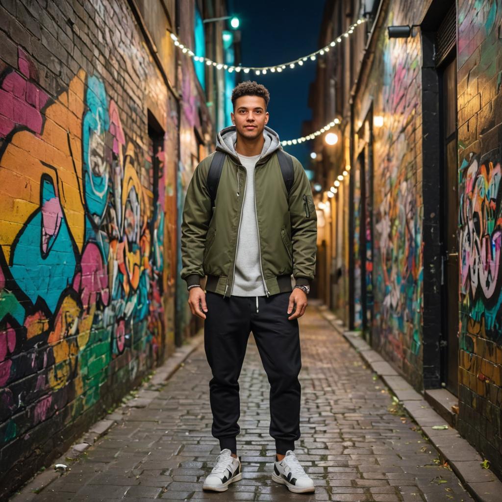 Confident man in graffiti alley with string lights