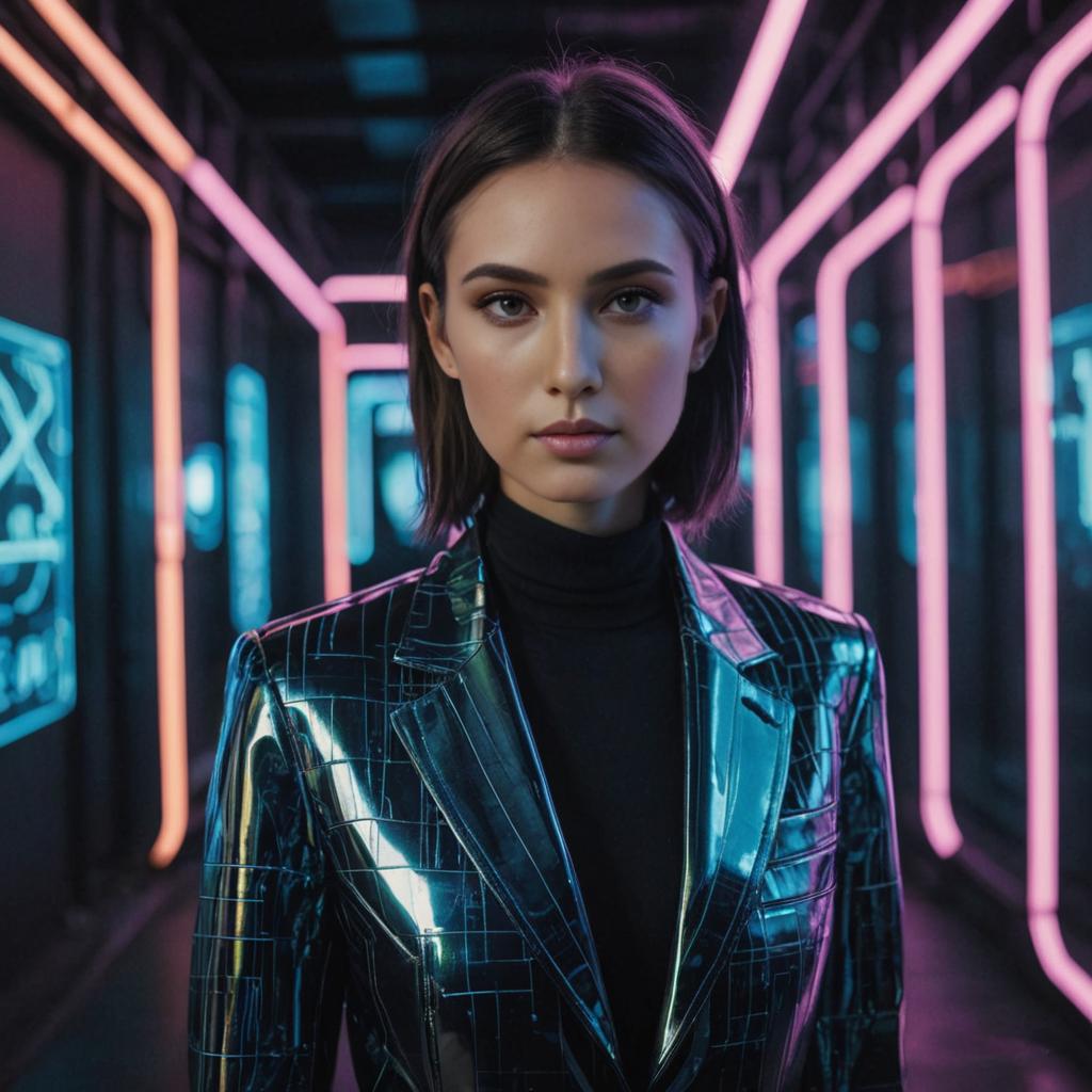 Serious Woman in Futuristic Neon Environment