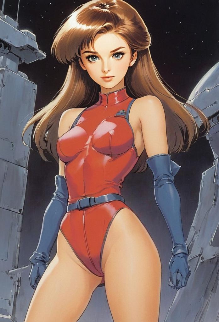 Futuristic Anime Woman in Red Bodysuit with Sci-Fi Background