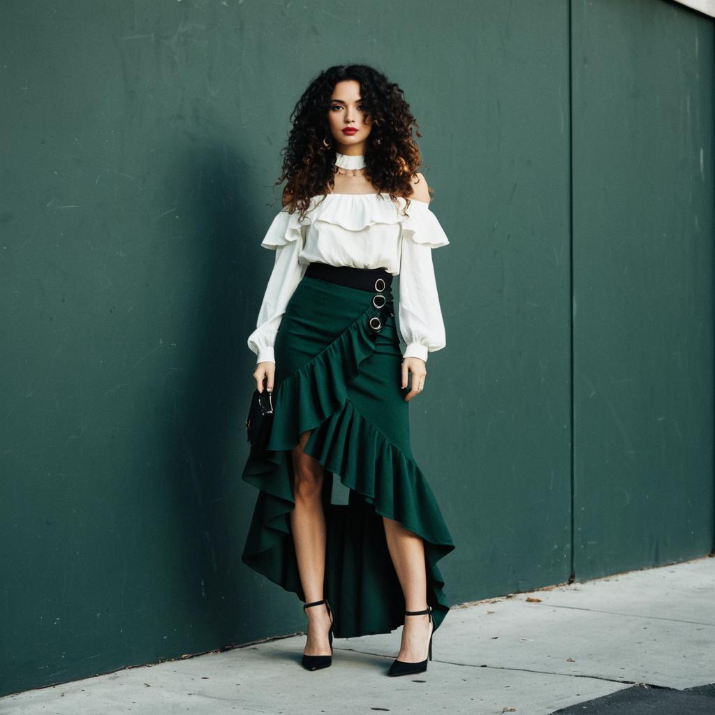 Fashionable Woman in Elegant Off-Shoulder Blouse and Ruffled Skirt on City Street