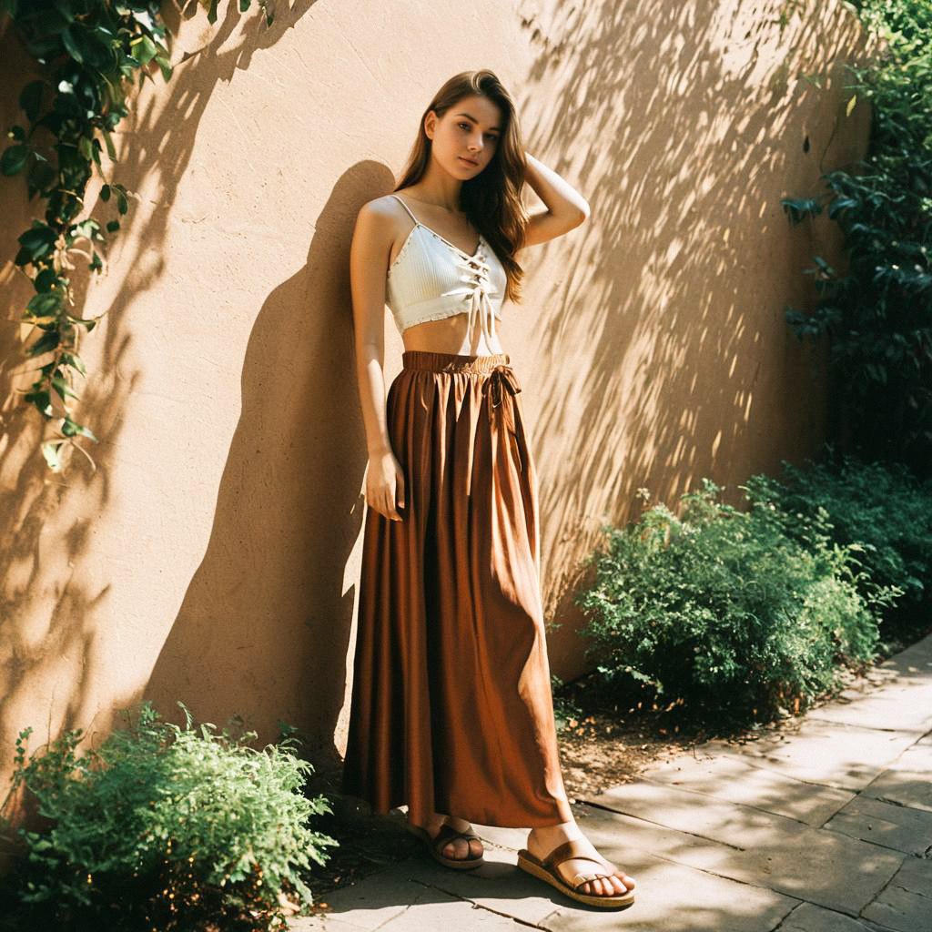 Young Woman in Lace Crop Top and Brown Skirt Against Sunlit Wall Young Woman in Lace Crop Top and Brown Skirt Against Sunlit Wall