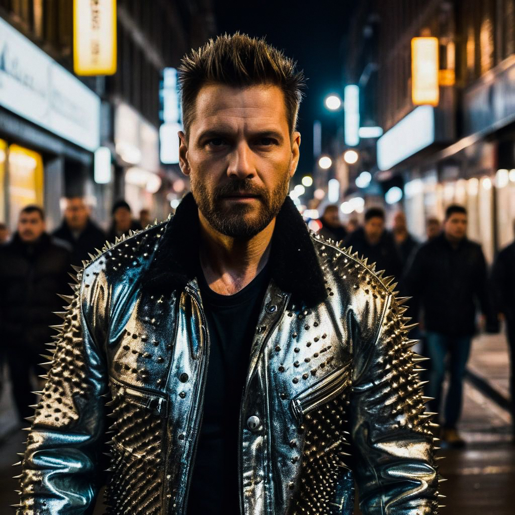 Confident Man in Metallic Jacket on Urban Street at Night