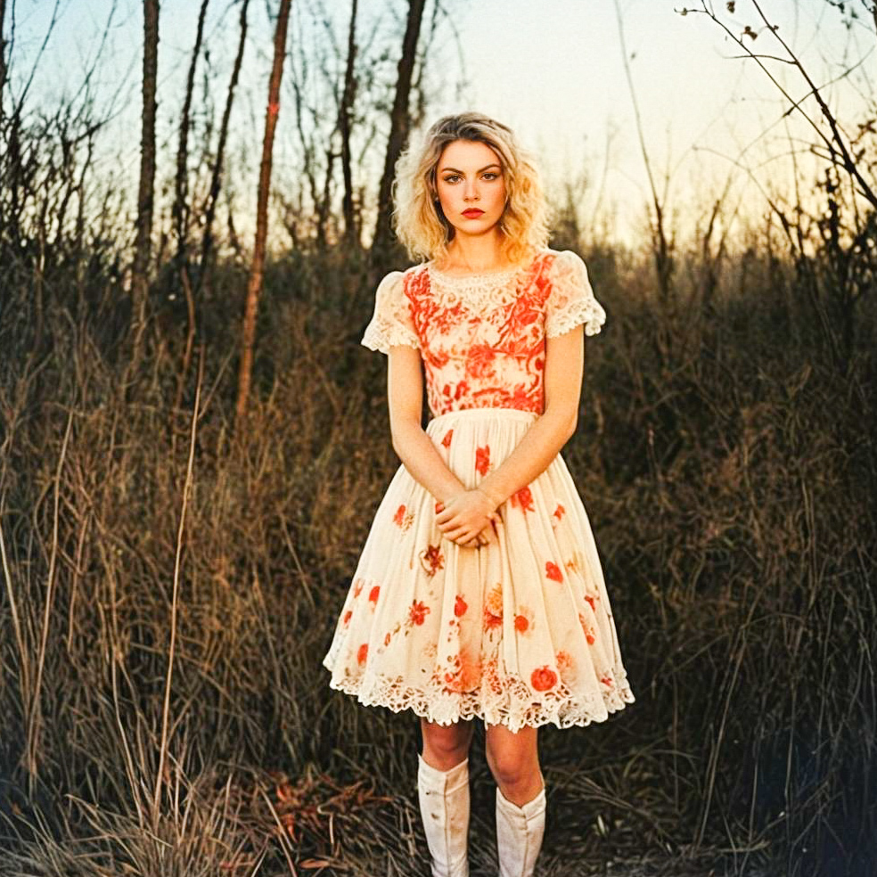 Young Woman in Floral Dress at Golden Hour